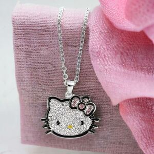 Hello Kitty Rhinestone 24" Necklace Pink Bow Cat Charm Pendant Silver Chain New